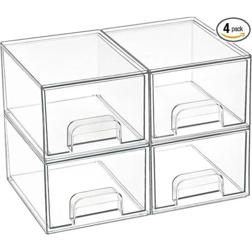 4 Pack Small Clear Stackable Storage Drawers,Acrylic Bathroom Makeup Organizer